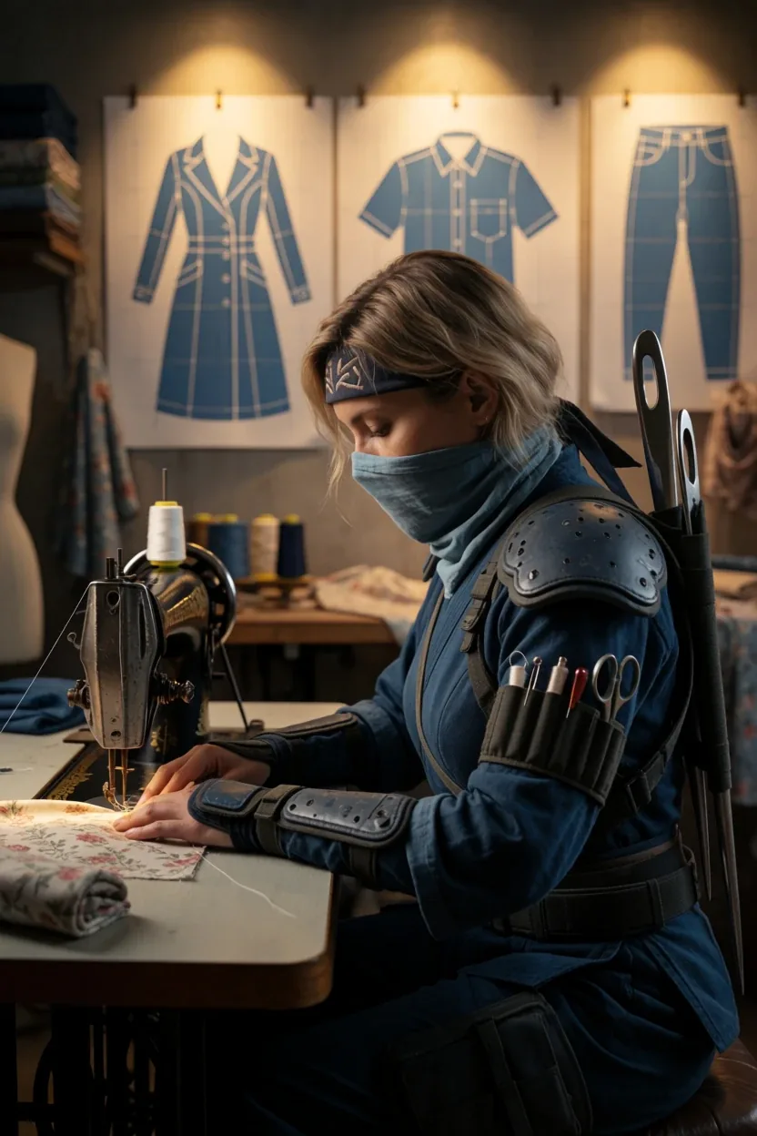 The maker at an old sewing machine, wearing a mask, headband and shoulder armour, with needles strapped to the back