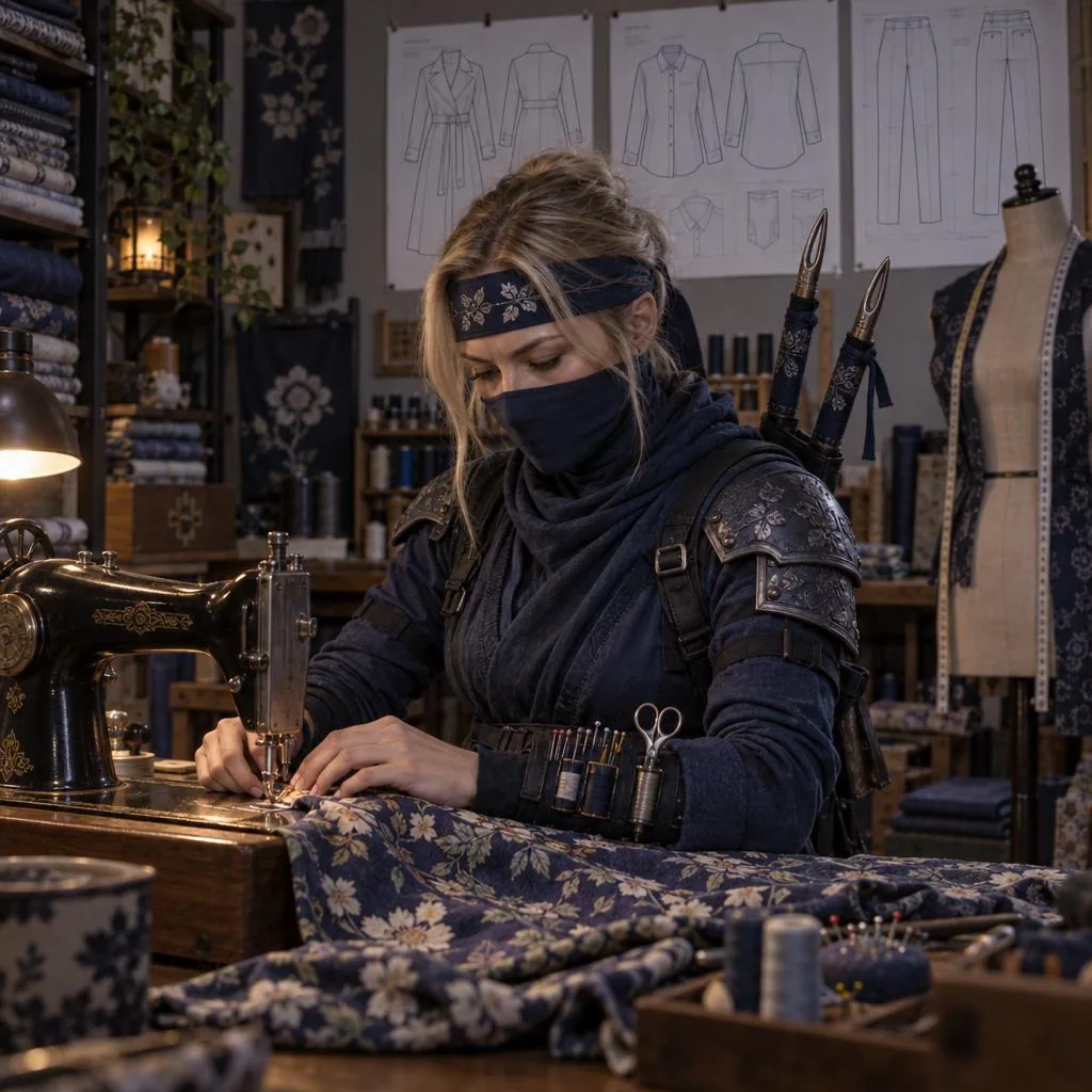 The maker at the machine, surrounded by bolts of indigo fabric, a dress form and pattern drawings on the wall